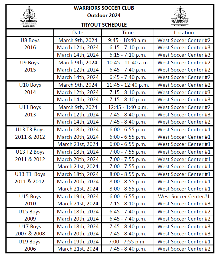 Tryouts Warriors Soccer