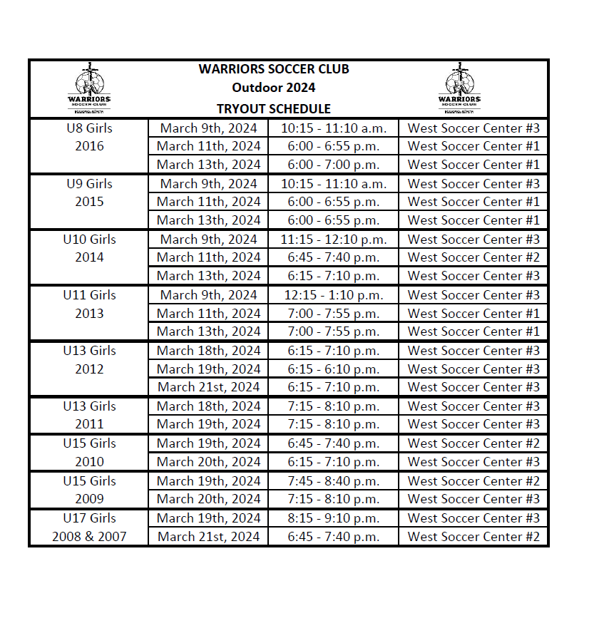 Tryouts Warriors Soccer